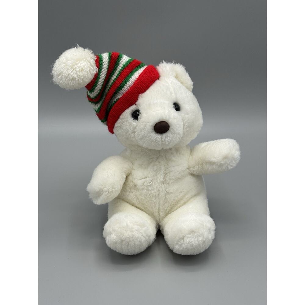 Vintage White Teddy Bear Plush In Knitted Christmas Hat 9" Stuffed Animal No Tag